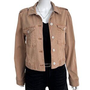 PAIGE Pacey Cropped Trucker Denim Jacket Tan Utility Western Button Front L